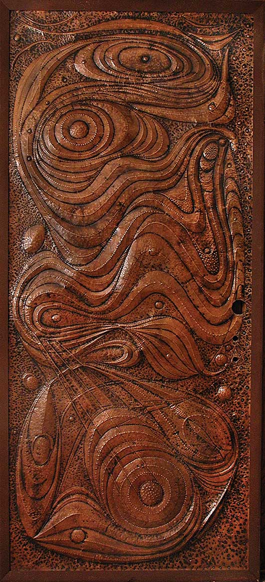 Dragons, copper repousse door