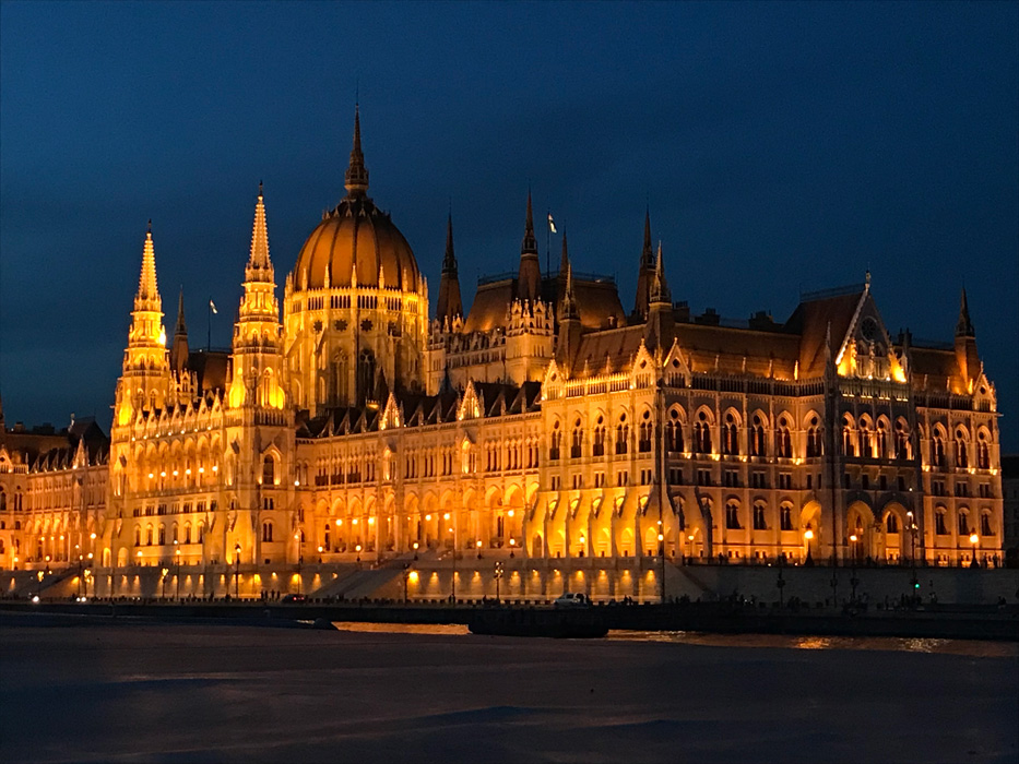 The Parliament building in Budapest, Hungary. All the lights on the bridge and both sides of the river come on at the same time each evening and it is spectacular and breathtaking to see. (photo by Anne Siegel)
