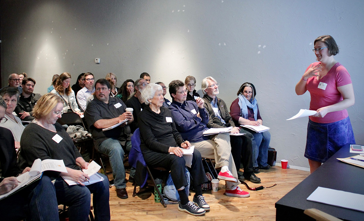 Danielle Merrick, executive director of Kansas City Volunteer Lawyers & Accountants for the Arts, spoke at an “Ask the Experts” program at the Kansas City Artists Coalition in September 2019. (photo by Marissa Starke)