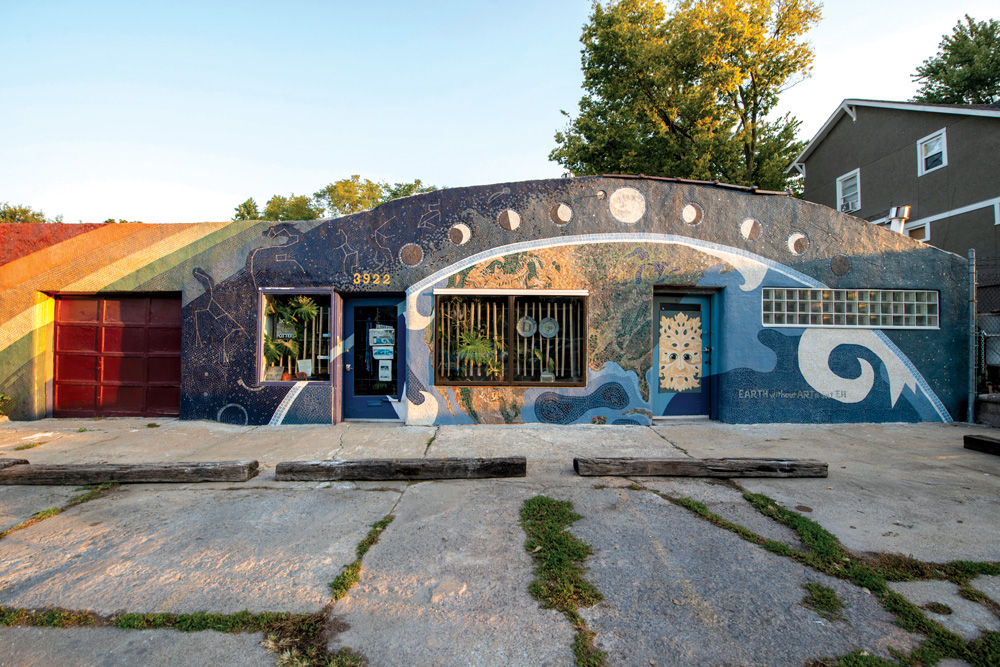 Veteran Kansas City ceramic artist Rebecca Koop recently completed this tile mural on the façade of her studio at 3922 St. John Ave. in the Historic Northeast neighborhood.
