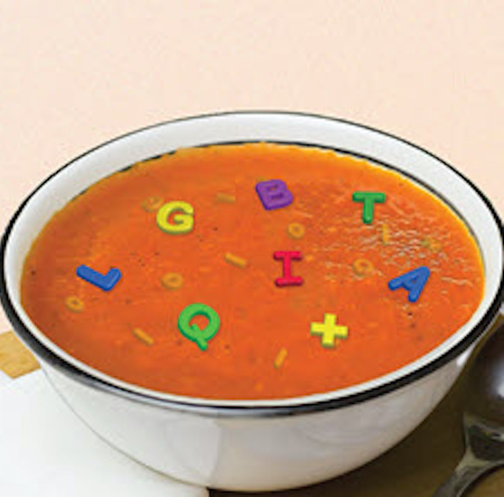 An illustration of a bowl of alphabet soup featuring the letters LGBTQIAX