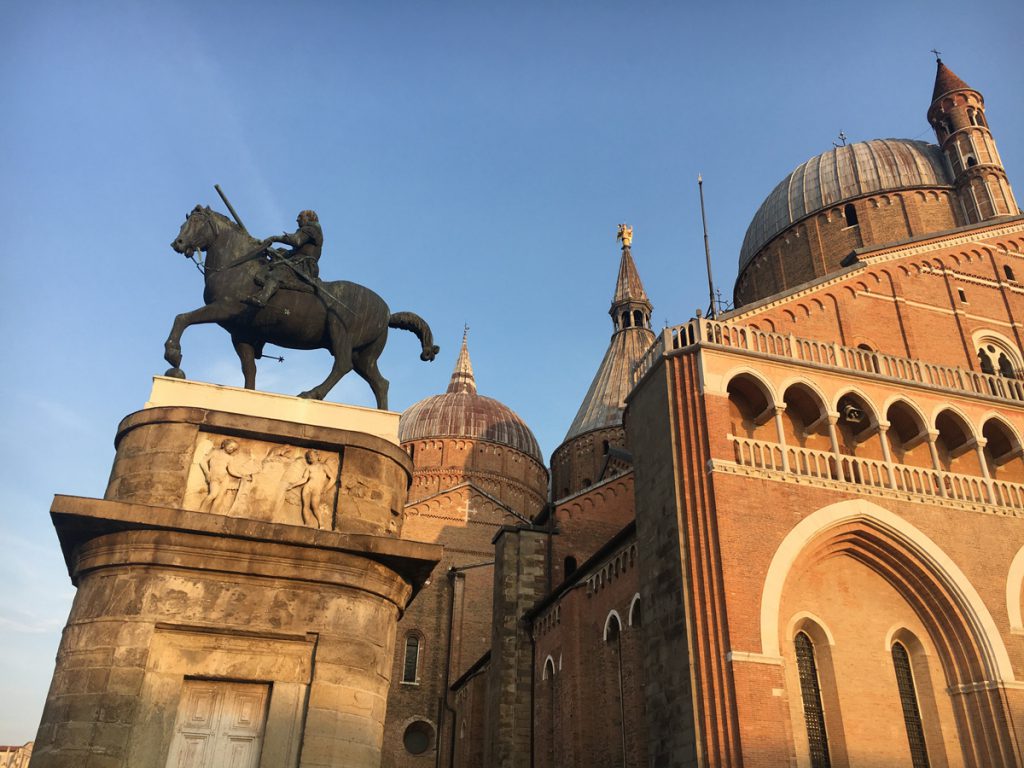 Donatello's equestrian stature of Gattamelatta, 1543, the largest cast bronze since Roman times, in front of the Basilica of St. Anthony.