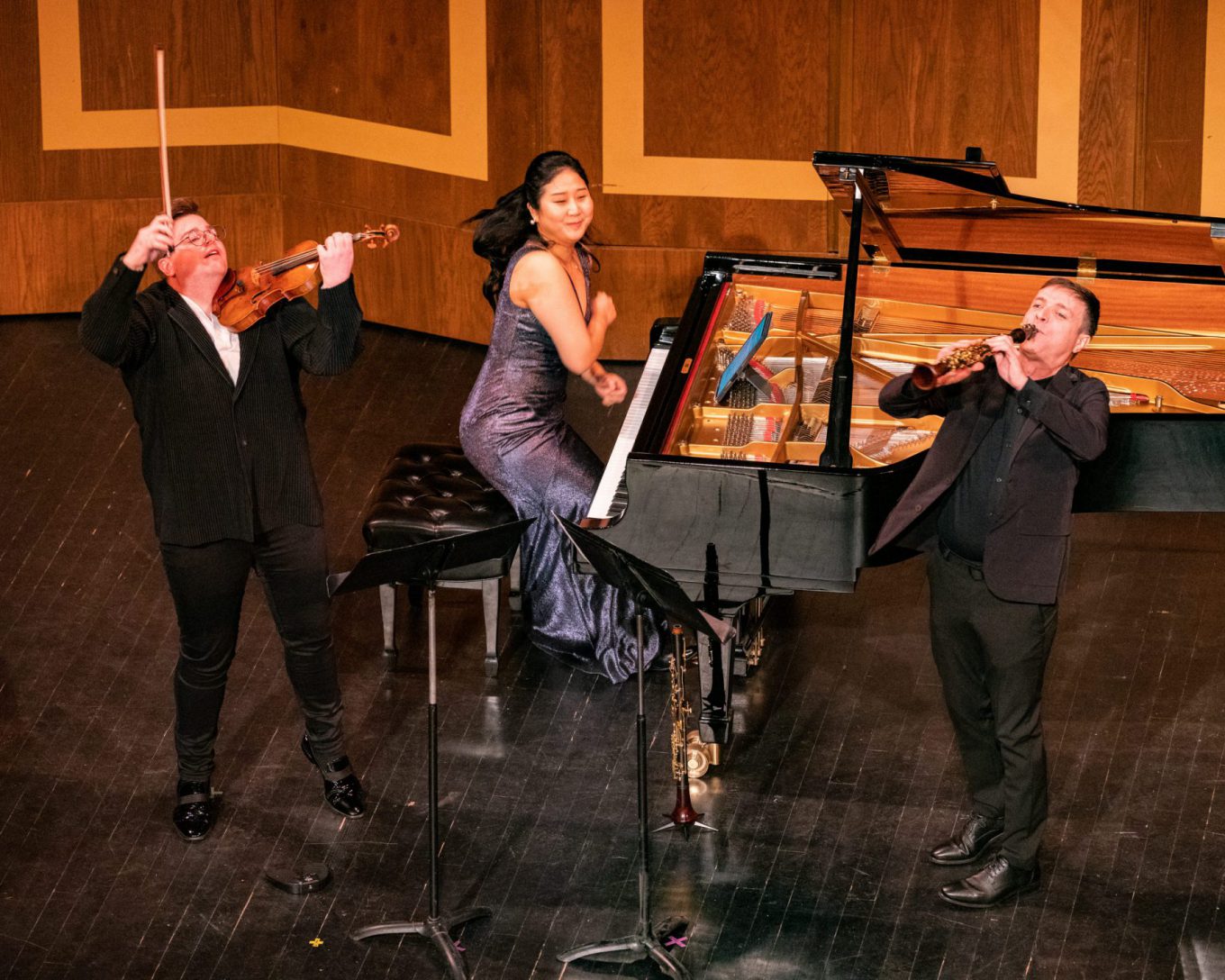 Chad Hoopes on violin, Hyeyeon Park on piano, and Jose Franch-Ballester on clarinet perform Béla Bartók’s “Contrasts" during Friends of Chamber Music's "Festive Hungarica."